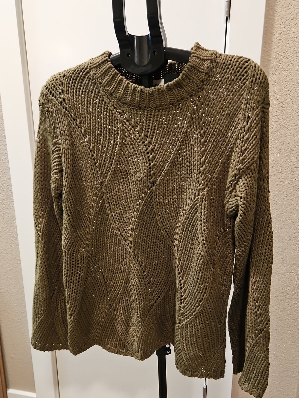 BiBi Olive Green Open-Knit Crewneck Sweater